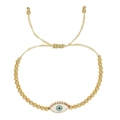 Close-up of evil eye pendant bracelet with 4mm gold beads and adjustable cream cord - Evil Eye Style (JS-B23032102C)