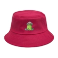 Dark pink bucket hat with cute cartoon frog and mushroom embroidery for sun protection - M(56-58cm) / Rose Red