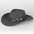 Detail of dark grey fedora hat with embroidered floral leather band and bronze bull head charm - Adjustable / Dark Gray