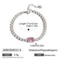 Detail showing stainless steel bracelet length specs and pink zircon stone center - Pink Square Zirconia