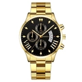 Fashionable gold stainless steel watch for men with black dial and chronograph sub-dials - Black Dial Gold Hands Gold Band (Flat End)