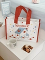 White canvas tote bag with house and dog illustration and red contrast handles - Small / House and Dog Print【Red】Small Size