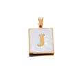 Macro view of square stainless steel pendant with white pearl shell and gold letter J - Gold J