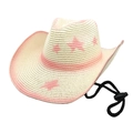 Straw cowboy hat in cream white with pink star accents and windproof drawstring - M(56-58cm) / Cream