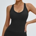 Débardeur de yoga noir côtelé avec col en U et tissu en maille élastique ajusté - Noir Premium