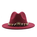 Detail of burgundy wide-brim fedora with bohemian beaded band and oval gemstone - Burgundy