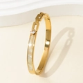 Gold open bangle with white mother of pearl inlay, round rhinestone and chain detail - 1869-Steel-Mother of Pearl Zirconia
