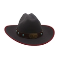 Cappello in lana grigio scuro con bordo rosso, fascia in cuoio e borchie turchesi - Taglia unica / Grigio con bordo rosso (Testa di toro turchese)
