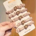5-pack light pink ruffled scrunchies with heart charm decoration on display card - Light Coffee Heart Decor 5Pcs Set