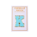 Close-up of light blue chenille letter K patch with gold glitter edge and adhesive back - Light Blue Letter K