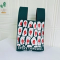 Knitted tote bag in dark green featuring mahjong tile and slogan print detail - Dark Green Mahjong Tiles