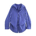 Blue and white vertical striped long sleeve button-up shirt with lapel and front pocket - XS / Dark Blue Stripe