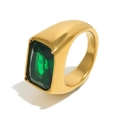 18K gold plated wide band ring featuring a large emerald cut green gemstone on white background - US 6 / Gold-Green Stone