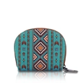 Mini semicircular coin purse featuring blue ethnic geometric patterns and zipper closure - Cyan