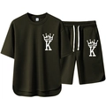 Herren Freizeit Sportset in Olivgrün bestehend aus Kurzarm T-Shirt und Kordelzug Shorts Set - M / Armeegrün