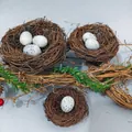 Artificial rattan bird nest set with speckled eggs, pine needles and red berries - Simulation Bird Eggs