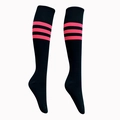 Knee-high soccer socks in black with three pink stripes on the cuff for adults and kids - Black Pink Edge