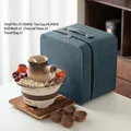 Portable vermilion ceramic tea set with charcoal stove and blue travel storage bag - 500ml / Cinnabar Jar Pot Tea Roasting Gift Set / 1 Pot 4 Cups + Grill + Stove + Wood Tray + Bag