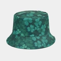 Detail of water-resistant green bucket hat with all-over clover pattern for St. Patrick's Day - Dark Green Full Shamrock Print (Color 2)
