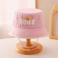 Detail eines rosa Kinder-Sonnenhuts mit Juice-Stickerei, Smiley und Kinnriemen - 52cm (3-8 Jahre) / Rosa