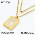 Gold plated stainless steel necklace with crystal pavé rectangular pendant 25x20mm - Square / Gold