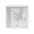 Detail view of white wooden shadow box with China map for travel ticket and coin storage - Travel China (Patent) / 15x15cm / White