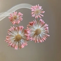 Close-up of pink woven flower earrings with gold metal centers on a transparent stand - 48# S925 Silver Pin Gold Deep Pink Double Layer Flower
