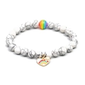 Rainbow bead bracelet with white marble stone and gold heart charm on white background - Howlite