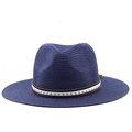 Détail du chapeau Panama en paille bleu marine avec ruban décoratif à motif d'étoiles - 56-58cm / Bleu marine