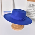 Detail of blue wool felt flat top hat with ribbon bow on a wooden stand - Adult / Royal Blue (Bowknot)