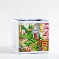 Square white fabric storage box featuring a colorful mosaic landscape art design - Style SNX-08