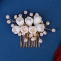 Detail of handmade ceramic flowers and crystal beads woven on a golden bridal hair comb - Hs-j6845g