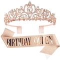 Rose gold birthday queen set featuring rhinestone tiara and sparkling pink sash for women - One Size / Rose Gold Birthday Queen Set