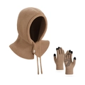Camel winter balaclava knit hooded scarf and touch-screen gloves set for women - Khaki