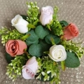 Artificial pink and white rosebud candle ring wreath with green foliage decoration - New Wreath Rose Pink White