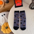Soft coral fleece Halloween socks featuring black cat and pumpkin patterns on fuzzy background - One Size / Home Gray Style
