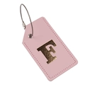 Pink PU leather luggage tag featuring a gold F initial and secure metal wire loop - Letter F