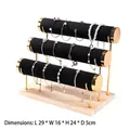 Three-tier gold metal jewelry display stand with black velvet rollers and wooden base - Triple Layer Gold Bangle Stand-Black Velvet