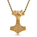 Golden Mjölnir pendant with wolf head carving on a twisted wheat chain necklace - Gold Pendant (KP83342-BDJX)