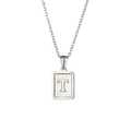 Silver-tone rectangular necklace with white mother-of-pearl inlay and T letter pendant - Letter T