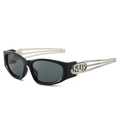 Fashion square sunglasses with black resin frame and silver hollowed-out metal temples - Black Frame Grey Lens