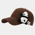 Detail of a dark brown cotton baseball cap featuring a plush panda ornament on the side - Coffee