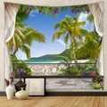 Detail of tropical seaside scenery tapestry showing palm trees and ocean balcony view - Tropical Beach (GT109954)