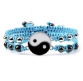 Blue braided rope bracelet with Yin Yang Tai Chi charm and magnetic metal beads - Tai Chi Light Blue Pair