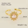 Anello regolabile in acciaio inossidabile placcato oro 18K con zircone rosa ovale - Aperto Regolabile