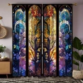 Detail view of polyester blackout curtains with mystical sun, moon, and floral patterns - 130x160cm / Style 2