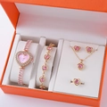 Roségoldene Herz-Uhr und 5-teiliges Schmuckset mit rosa Kristallen in einer Geschenkbox - Roségold Hellrosa Herz Zifferblatt Set (Ohne Box)