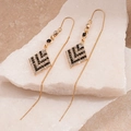 Geometric diamond-shaped earring threaders with gold base and black-white rhinestones - Ear Thread-Gold