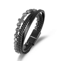 Multilayer leather cross bracelet with hematite beads and magnetic clasp on white backdrop - Flash Stone (Labradorite)