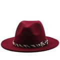 Close-up of burgundy wool fedora with zebra print band and silver metal buckle detail - M (56-58cm) / Burgundy